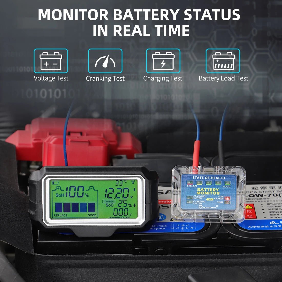 QUICKLYNKS BM5-D 12V Car Battery Tester LED 433MHz Monitor Head-Up Display SOH SOC Charging Battery Analyzer Diagnostic Tool