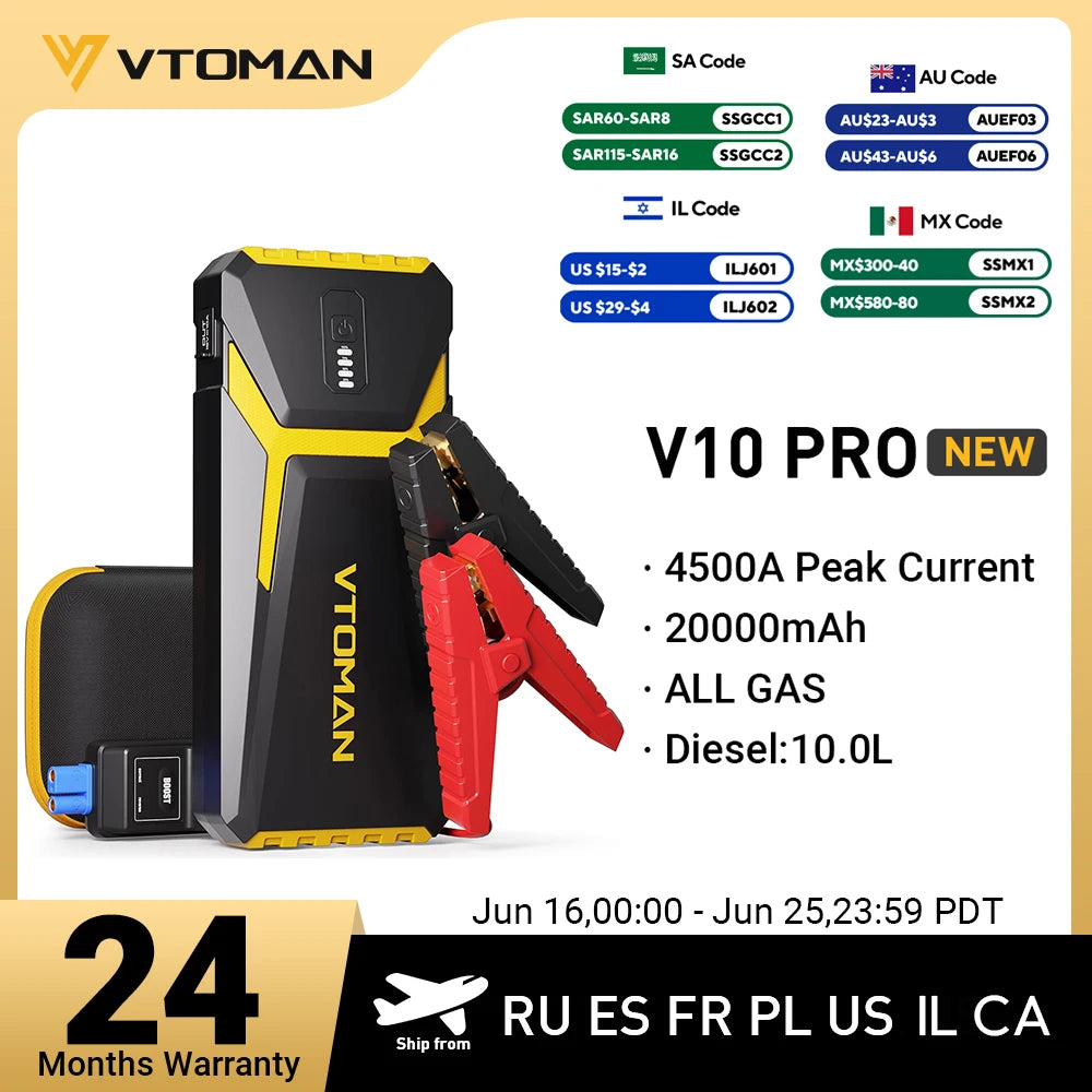 VTOMAN Power Bank 20000mAh Jump Starter Portable Charger Car Booster 4500A Auto Starting Device Emergency Car Battery Starter