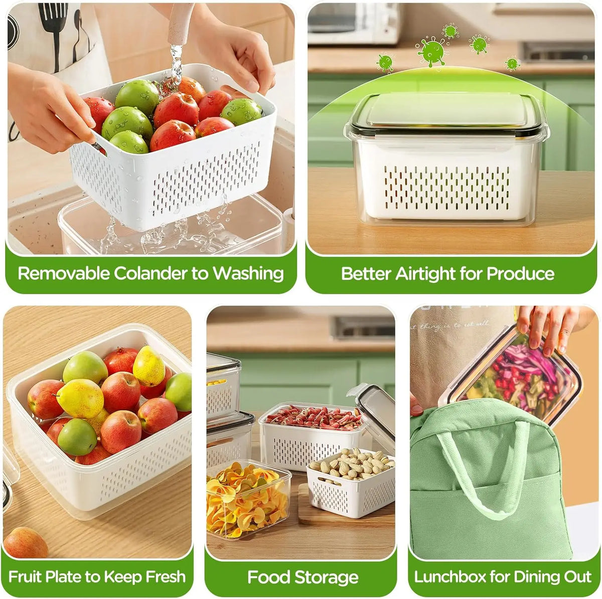 Fruit Storage Containers for Fridge Produce Containers with Removable Fruit Washing Bowl with Strainer for Salad Berry Lettuce