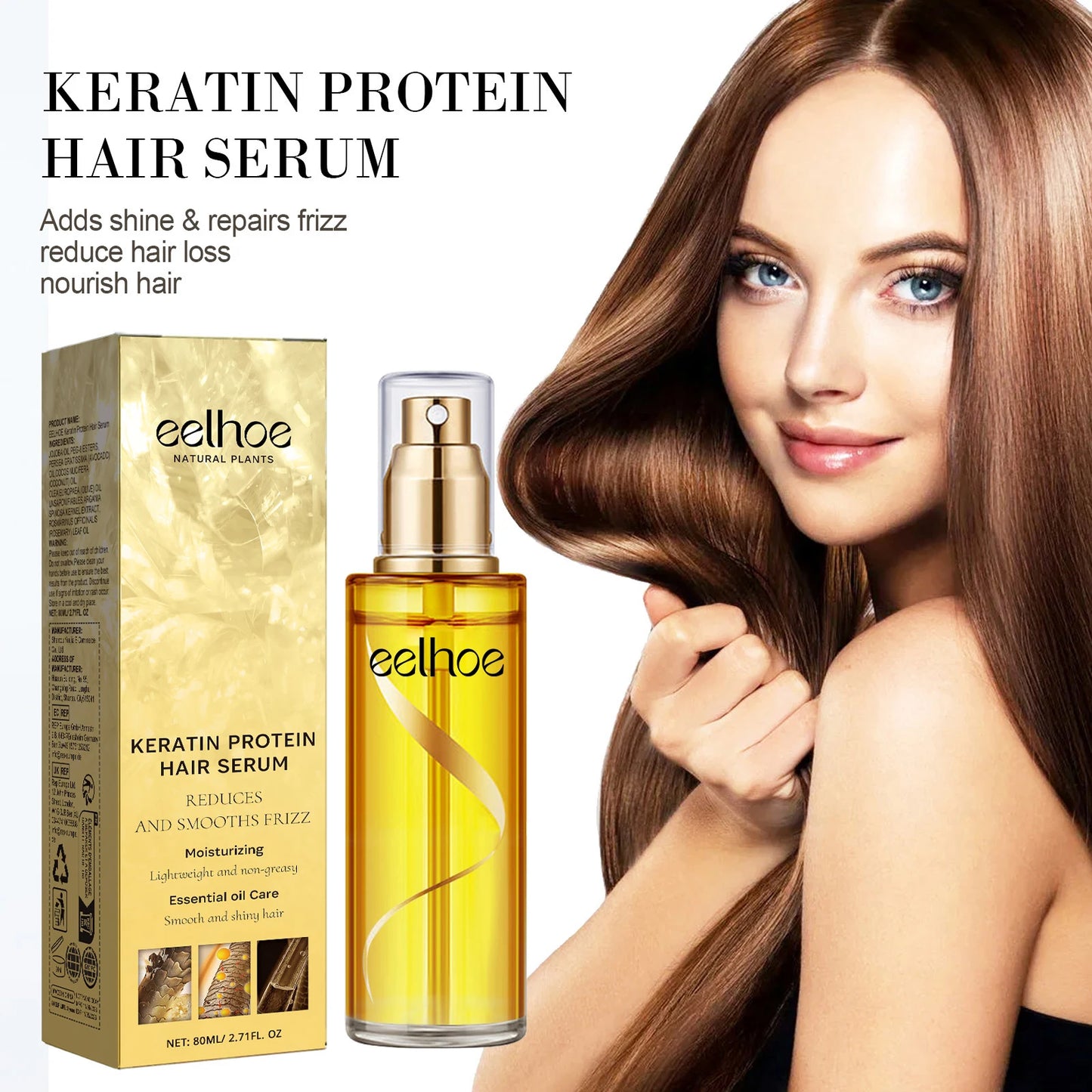 EELHOE Keratin Hair Growth Serum Natural Repair Essence Spray for Dry Curly Hair Hydrate Smooth Frizz Control Growing Hair Care