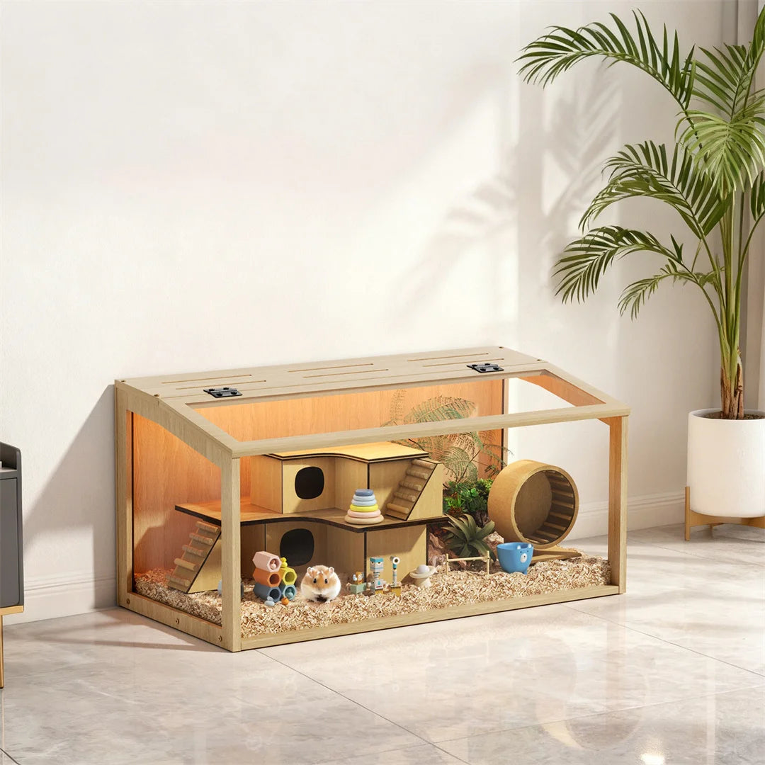 Large Natural Wooden Hamster Cage with Tempered Glass Panels Ventilation Holes And Built-in LED Light for Small Pet Habitat