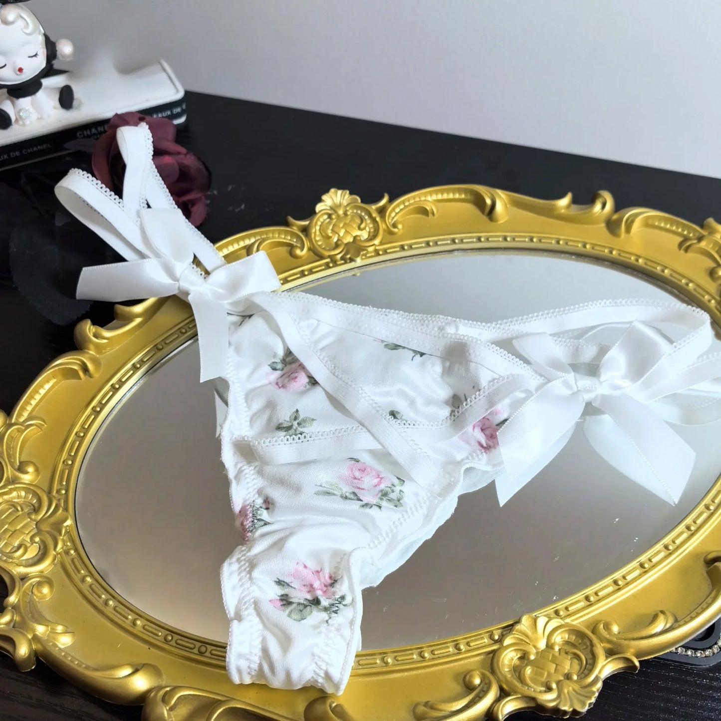 Ruffled Lovely Sweet Thong Briefs women Smooth Satin Panties Floral Printed T-back Underwear Bow Cross Strap Low Rise Underpants