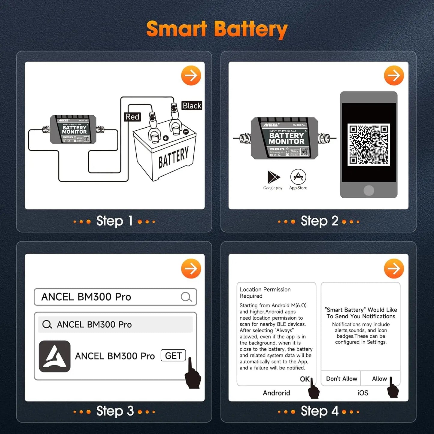 ANCEL BM300 PRO Bluetooth Battery Monitor Tester 6V/12V/24V Car Motorcycle Cranking/Charging Battery System Analyzer Test Tools