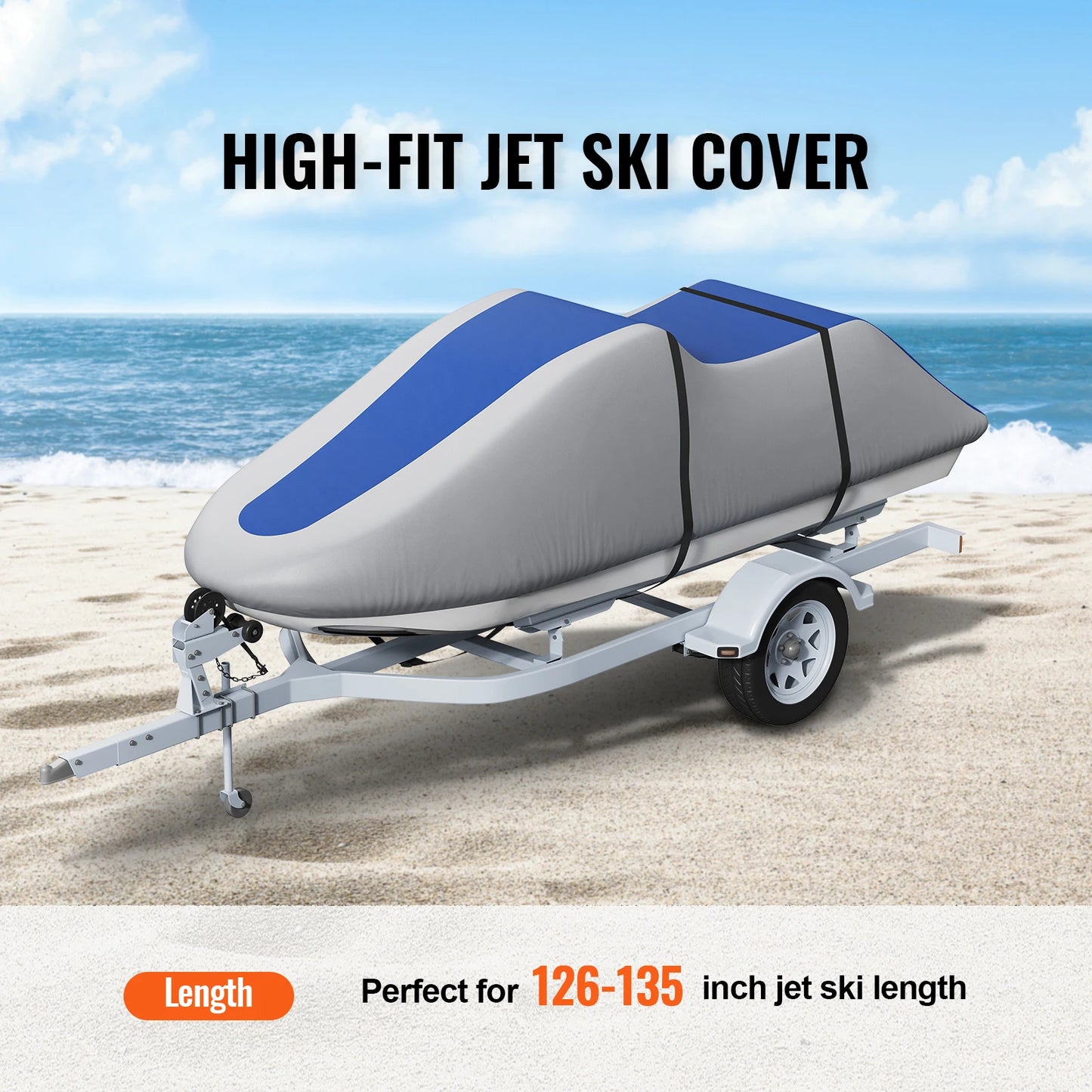 SucceBuy Jet Ski Cover 126"-135" Trailerable PWC Cover Heavy-duty 600D Marine Grade PU Oxford Fabric Watercraft Cover Waterproof