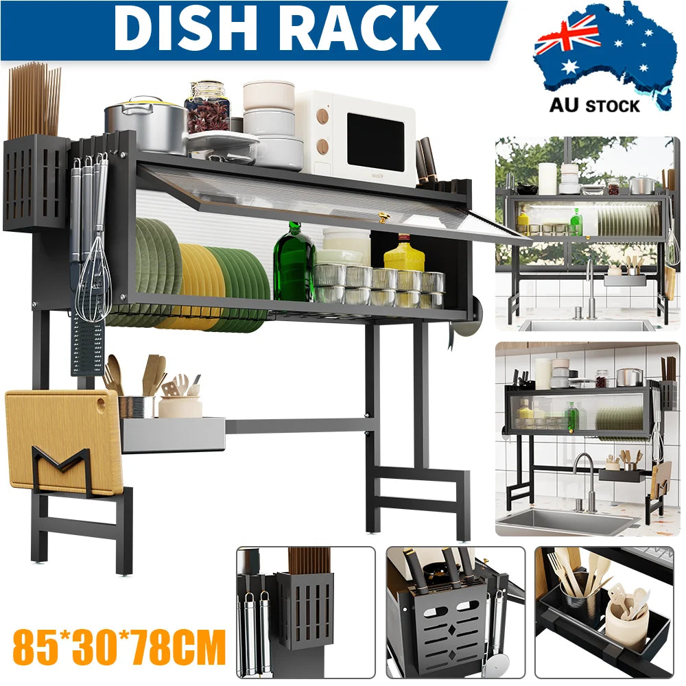 Over The Sink Dish Drying Rack（85L x 80H cm）, 3 Tier Large Dish Drainers Drying Rack for Kitchen Counter with Dust Cover
