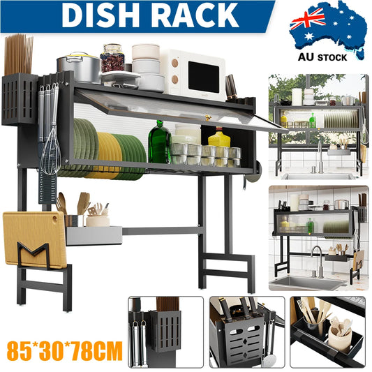 Over The Sink Dish Drying Rack（85L x 80H cm）, 3 Tier Large Dish Drainers Drying Rack for Kitchen Counter with Dust Cover