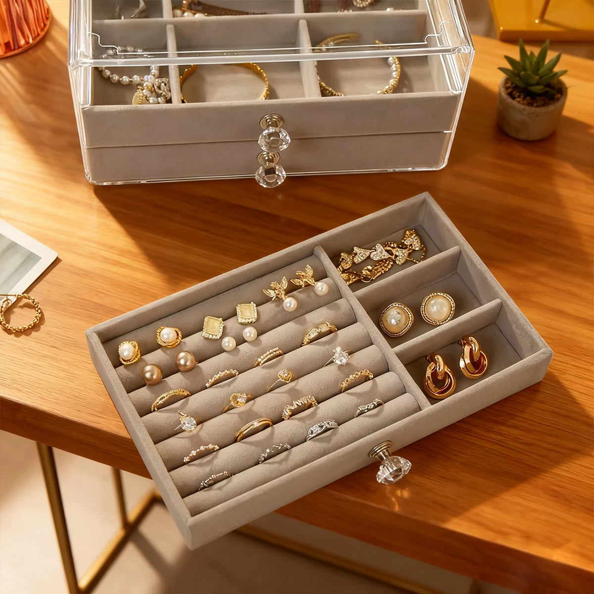 3 Layers Stackable Drawer Jewelry Box Beige Gray Earring Ring Necklace Bracelet Storage Organizer