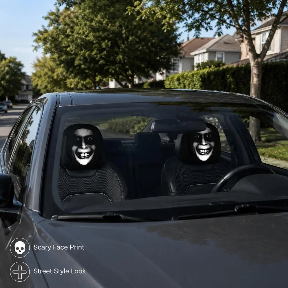 2PCS Scary Smile Face Car Headrest Covers Horror Grinning Print Black Auto Headrest Protector Universal Halloween Decor