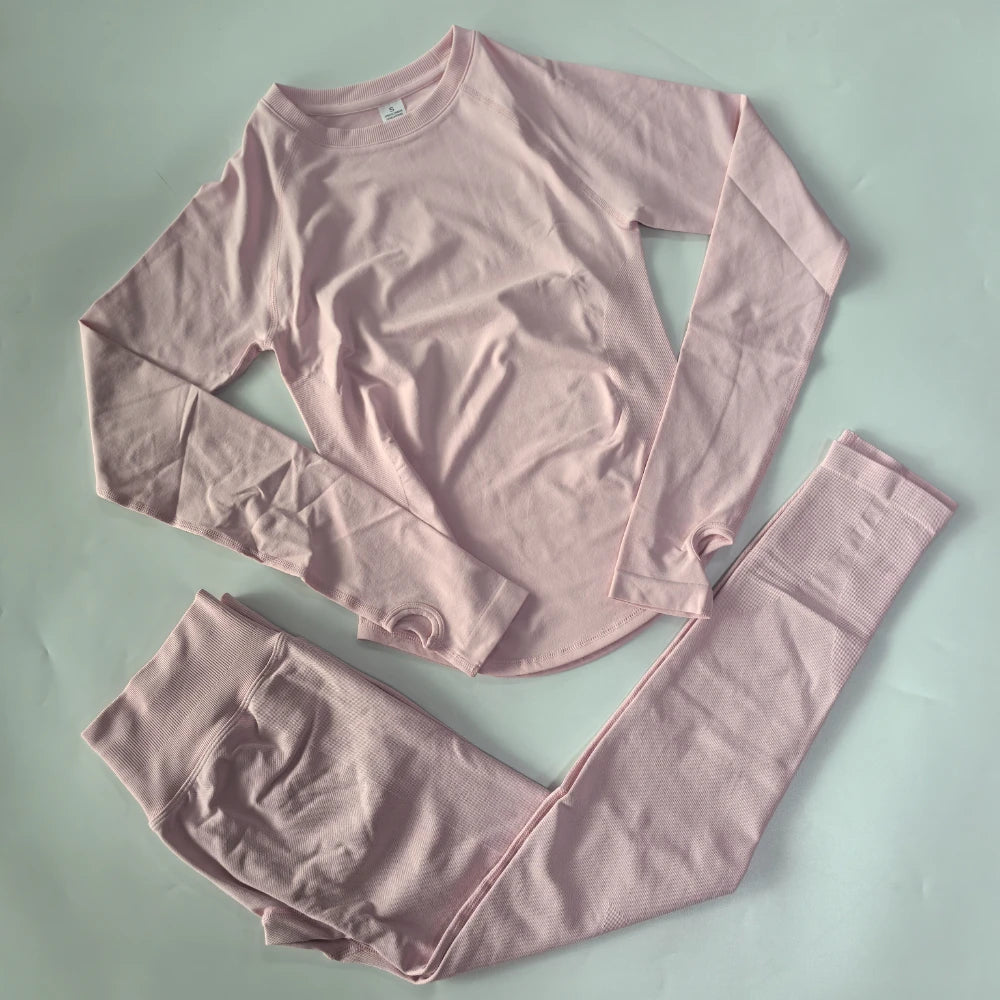 2 Pieces Legging Set Women Seamless Long Sleeve Gym Crop Top High Waist Gym Leggings Sports Set Fitness Clothes Workout Yoga Set