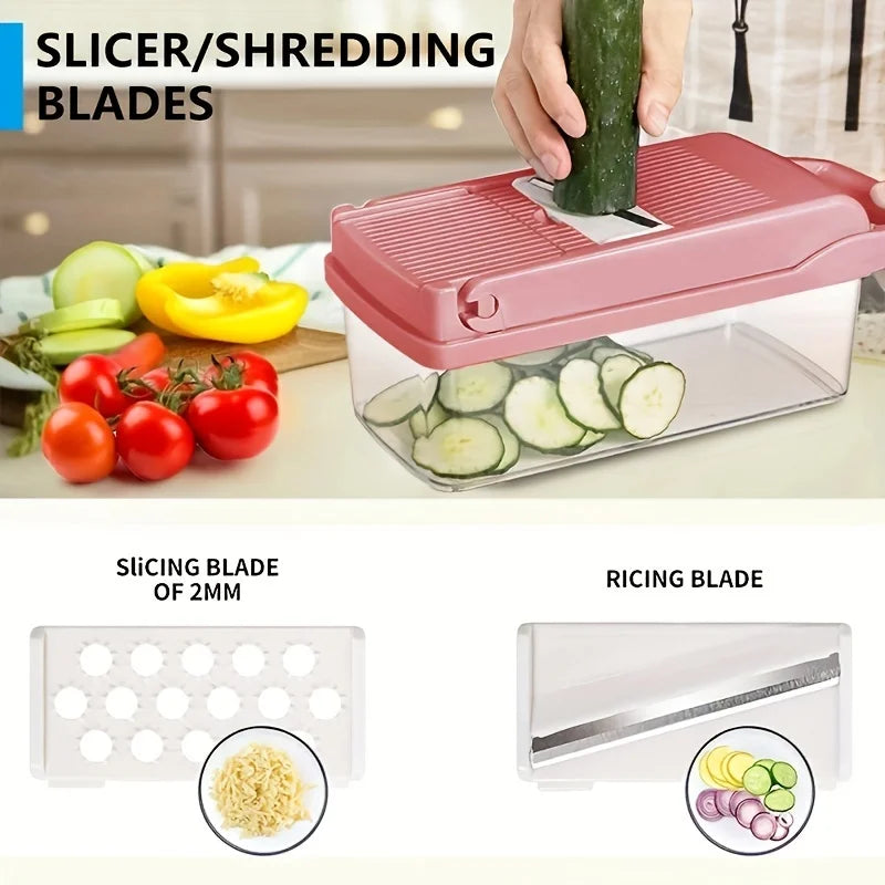 Pink Vegetable Chopper, Multifunctional Fruit Slicer, Manual Food Grater, Vegetable Slicer, Cutter With Container