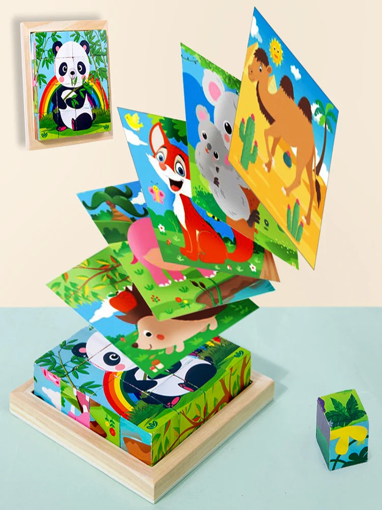kindergarten Educational toy CRAFTS Cartoon Six Sided Wooden Puzzle Blocks Set Animal Matching Blocks Early education