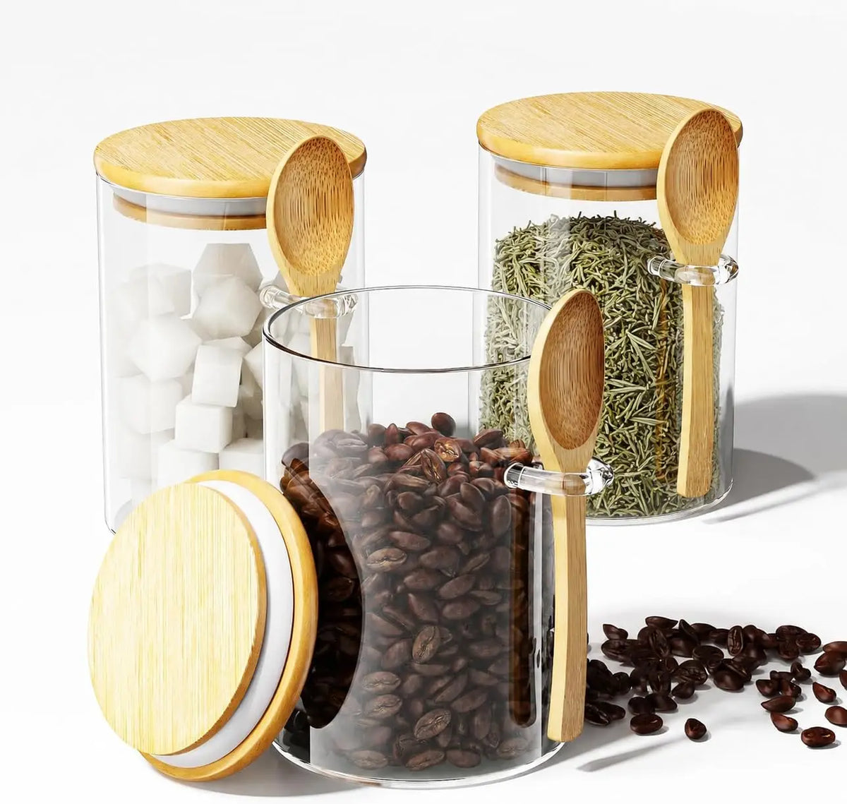 Coffee Sugar Container Salt 1/2/3/4pcs Airtight Glass Jars with Bamboo Lids and Spoons 18oz Glass Bulk Food Storage Jar