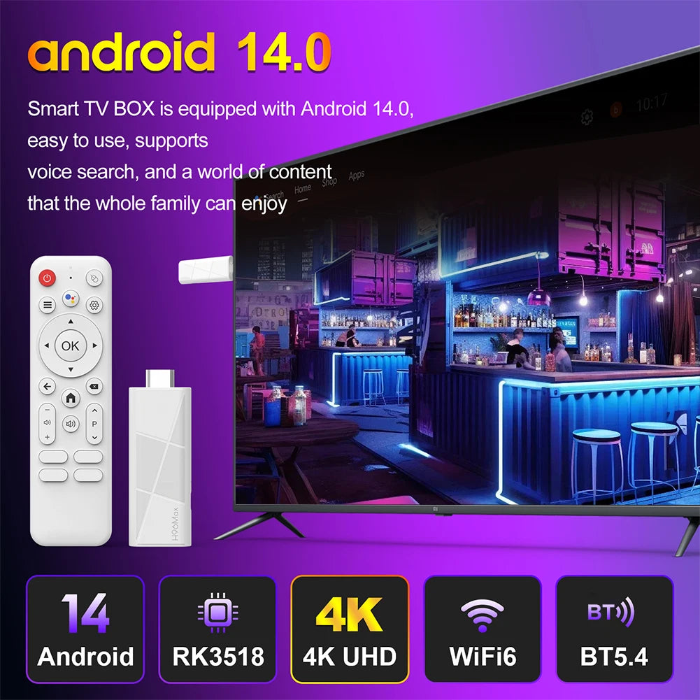 Mini TV Stick H96 MAX RK3518 Android 14 Smart TV Box 2GB 16GB Quad Core Wifi6 BT5.4 4K HD Google Voice Media Player Set Top Box