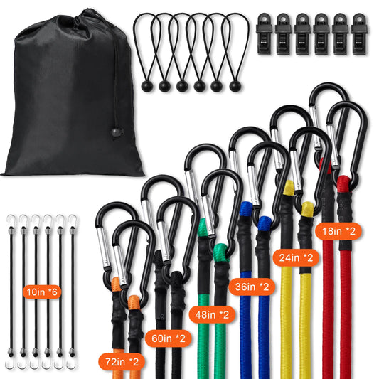 SucceBuy 30 pcs Elastic Bungee Cords Assortment with A3 Steel Hooks Adjustable Lashing Luggage Rope  Motorbike Cargo Fixing Belt