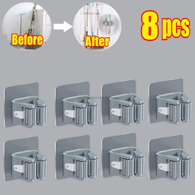 Household Bathroom Non Perforated Mop Holder, Broom Holder, and Card Holder Self-adhesive Mop Holder Kitchen Accessories