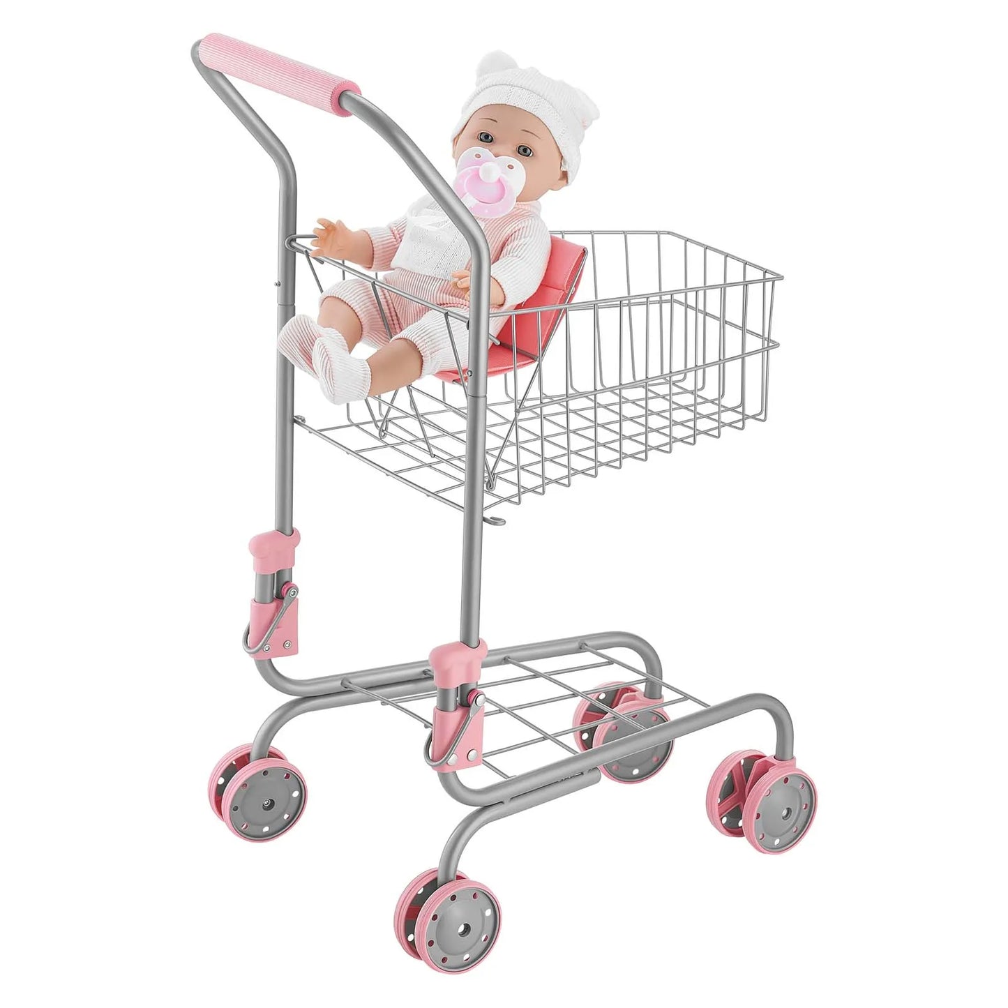 SucceBuy Kids Shopping Basket Foldable Cart Toy with Baby Doll Grocery Store Pretend Play Toys Trolley for Children Toddlers