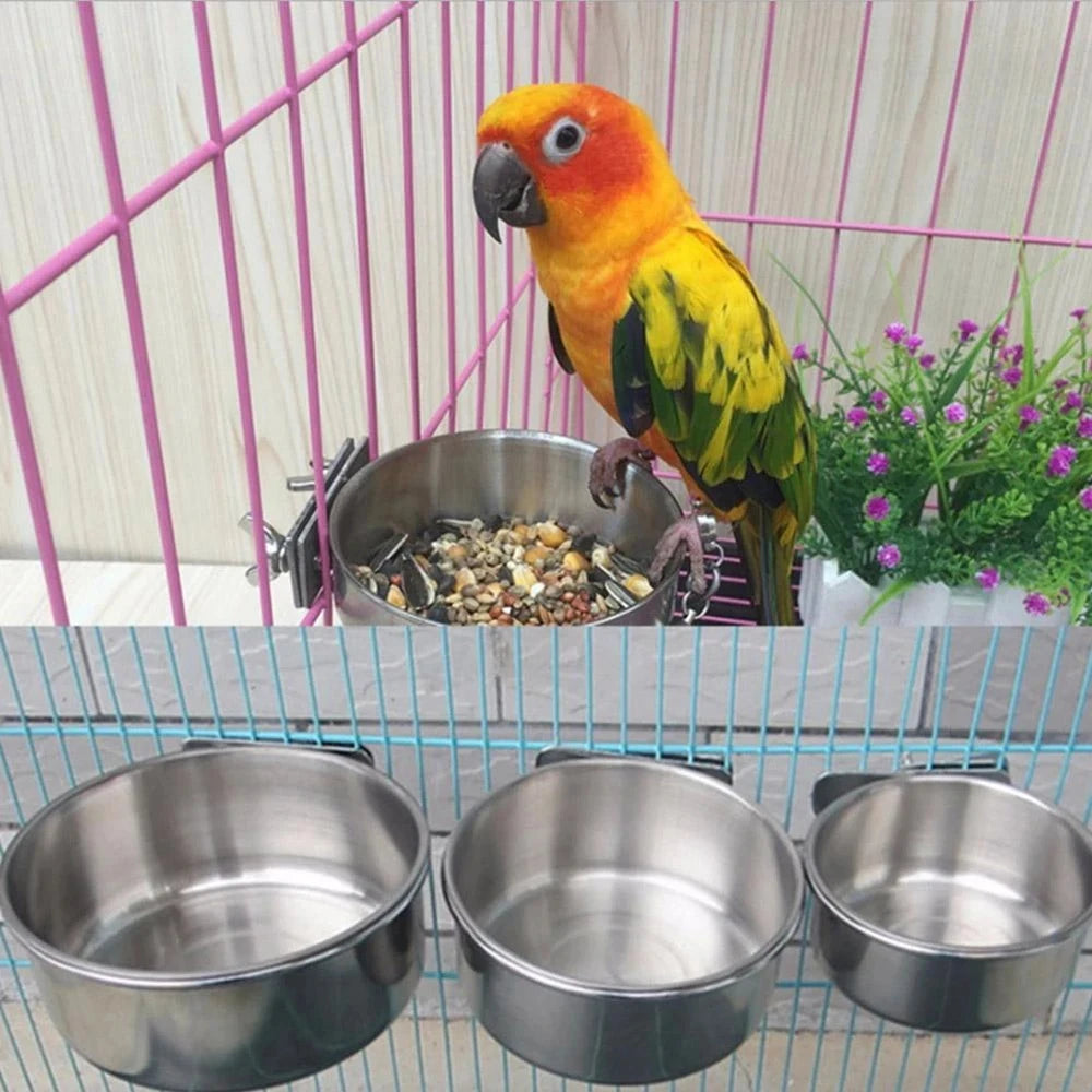 Pet Bowl Bird Feeding Dish Cup Parrot Food Water Bowl with Clamp Stainless Steel