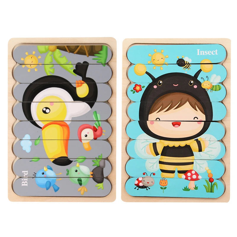 Montessori Baby Wooden Puzzle Toys Kids Educational Game 3D Cartoon Animal Jigsaw Puzzle Toys Activity Board for Child 2 3 Years