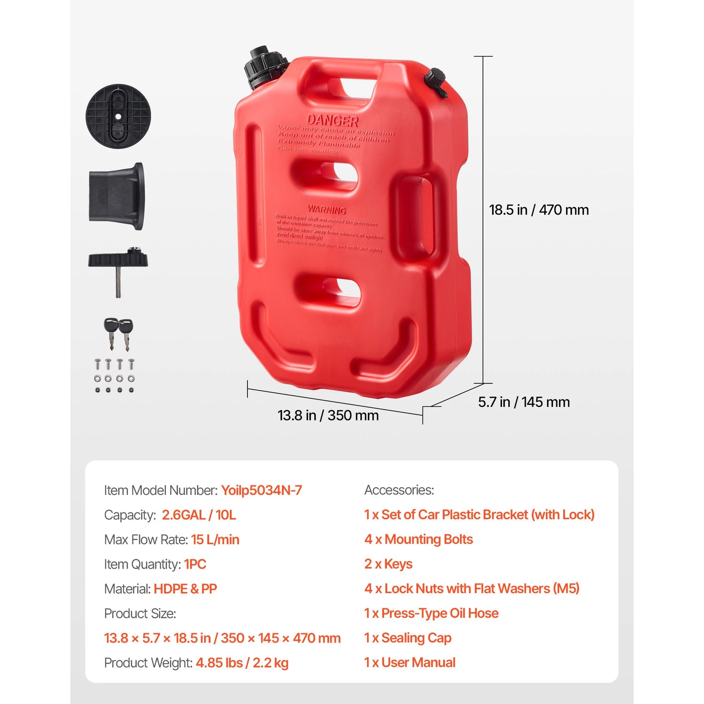 SucceBuy Fuel Container 2.6 Gal 15 L/min Max Flow Rate Portable with Spout and Lockable Bracket Secure Leak-proof for Most Cars