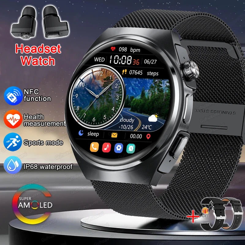 2026 New Man Smart Watch TWS Headset Two In One Wireless Bluetooth Dual Earbuds Call Health Monitor Sport Tracker NFC Smartwatch