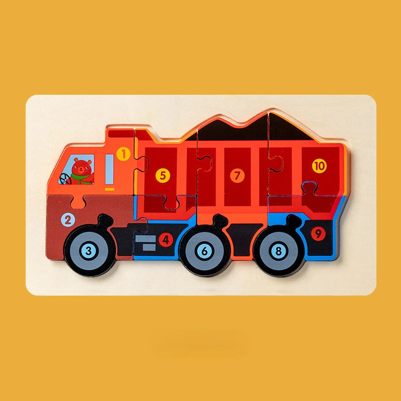 Children Montessori Wooden Puzzle Baby 3D Engineering Vehicle Jigsaw Early Education Matching Cognitive Puzzles Toys for Kids