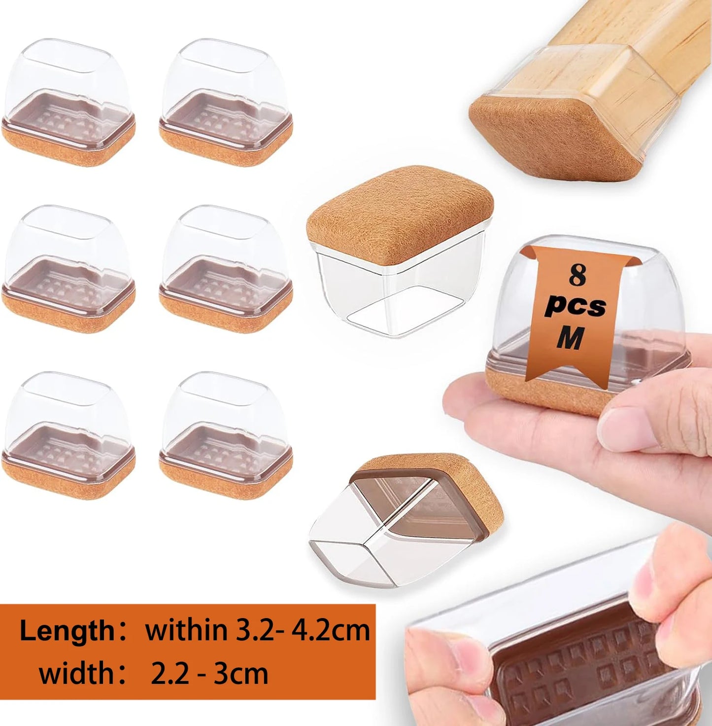 8PCS Silicone Chair Leg Floor Caps Protectors Rectangle with Felt Foot Cover End Caps Covers width 22-32mm for hardwood Table