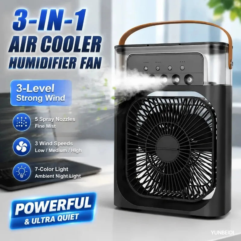 3-in-one Portable Air Conditioner Fan with LED Light Humidifier Timing Function Desktop Spray Fan for Home and Office Use
