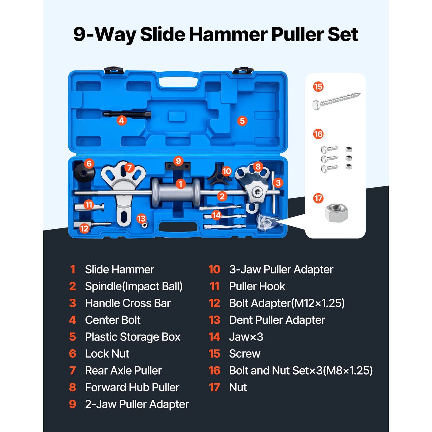 SucceBuy 9-Way Slide Hammer Puller Set Front Wheel Hub Bearing Remover Axle Bearing Puller Tool Kit and Slide Hammer Remover Set
