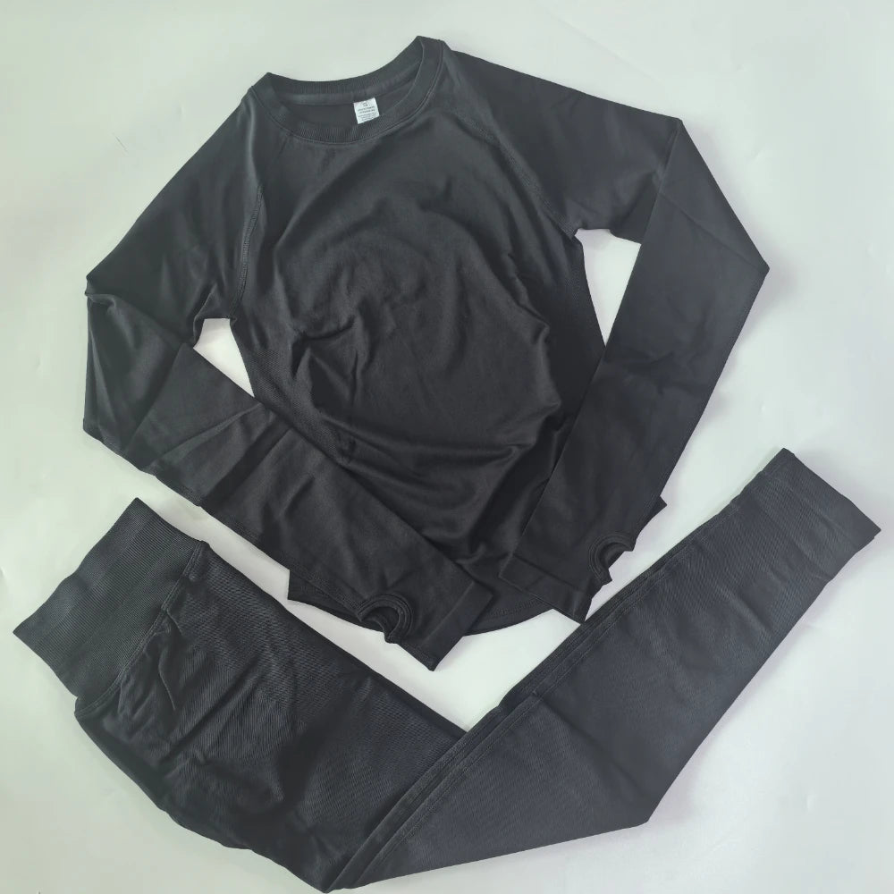 2 Pieces Legging Set Women Seamless Long Sleeve Gym Crop Top High Waist Gym Leggings Sports Set Fitness Clothes Workout Yoga Set