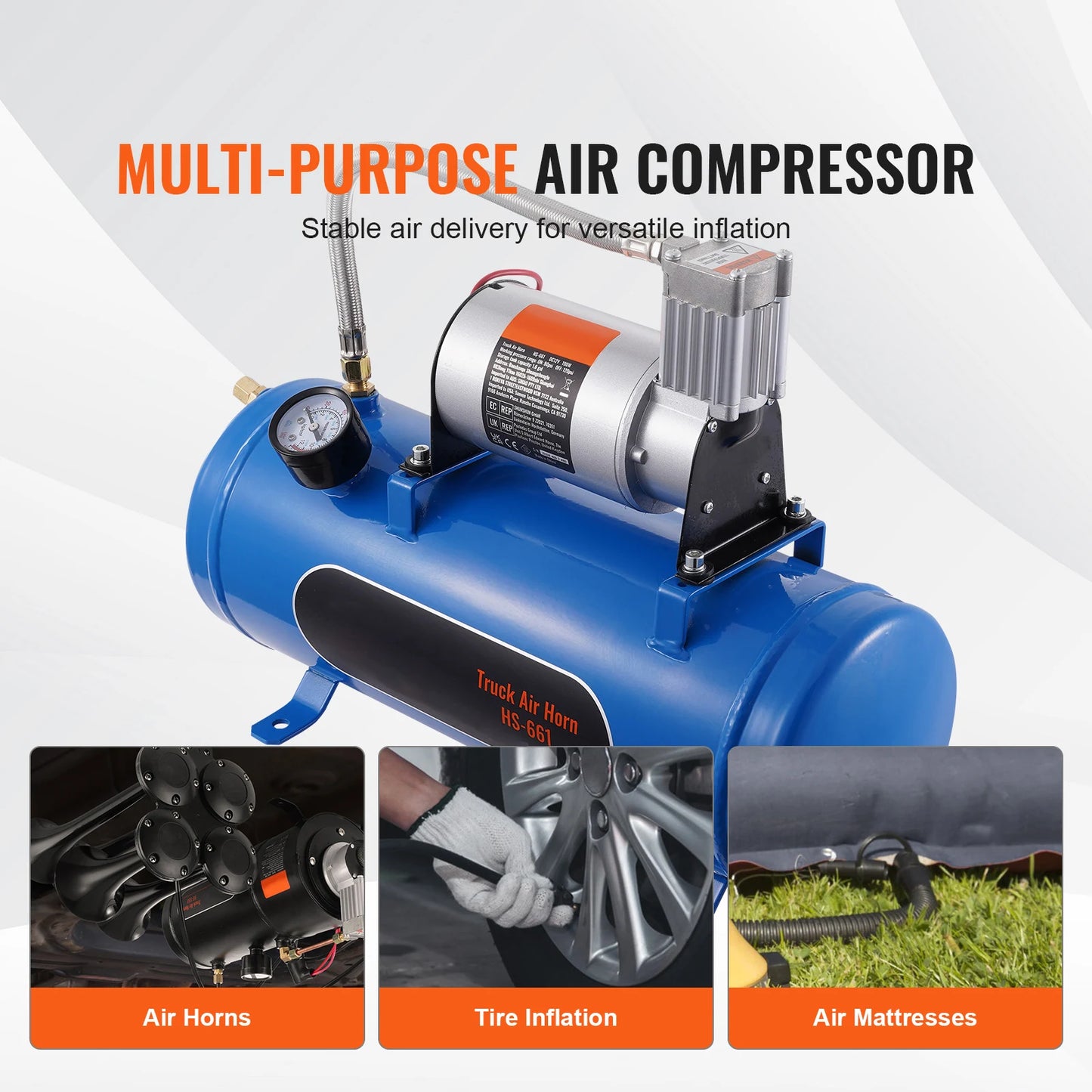 SucceBuy 12 V Air Compressor with Tank 1.6 Gallon/6L 120 psi Onboard Air Compressor System for Train Air Horns Inflating Tires