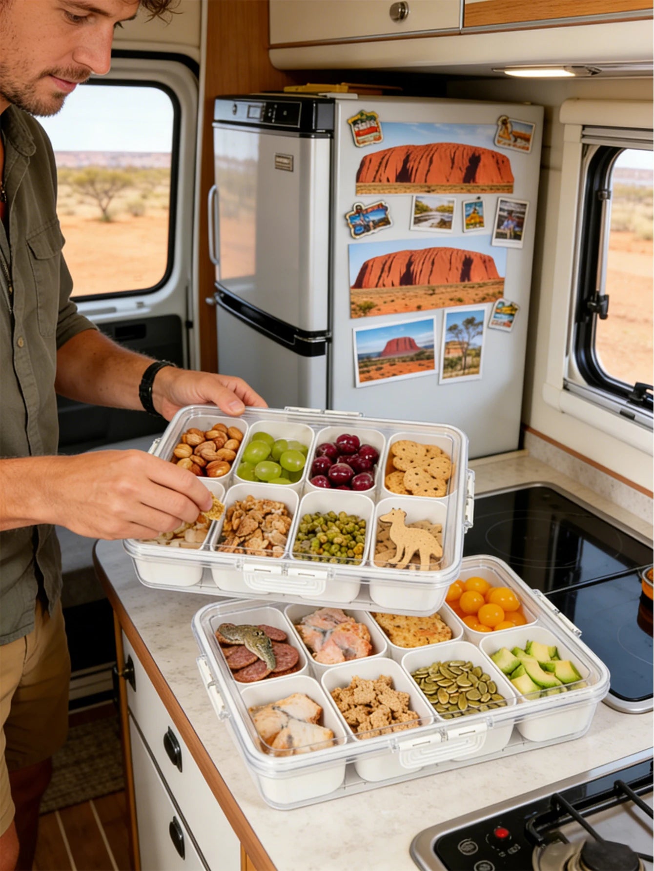 1 storage container, 8-compartment lidded food storage box, portable food storage container, kitchen organization and storage