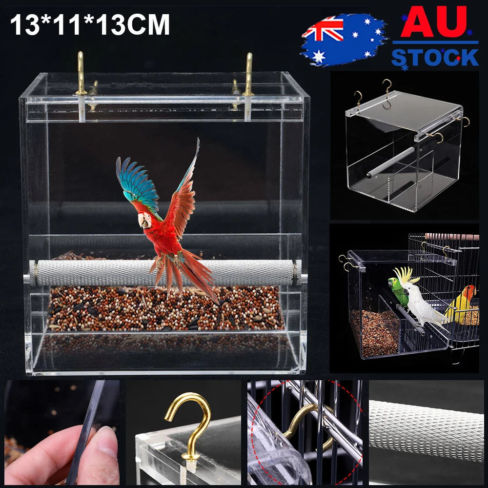 No Mess Bird Feeder for Cage, Automatic Acrylic Bird Feeder Seed Catcher Tray Cage with Hooks