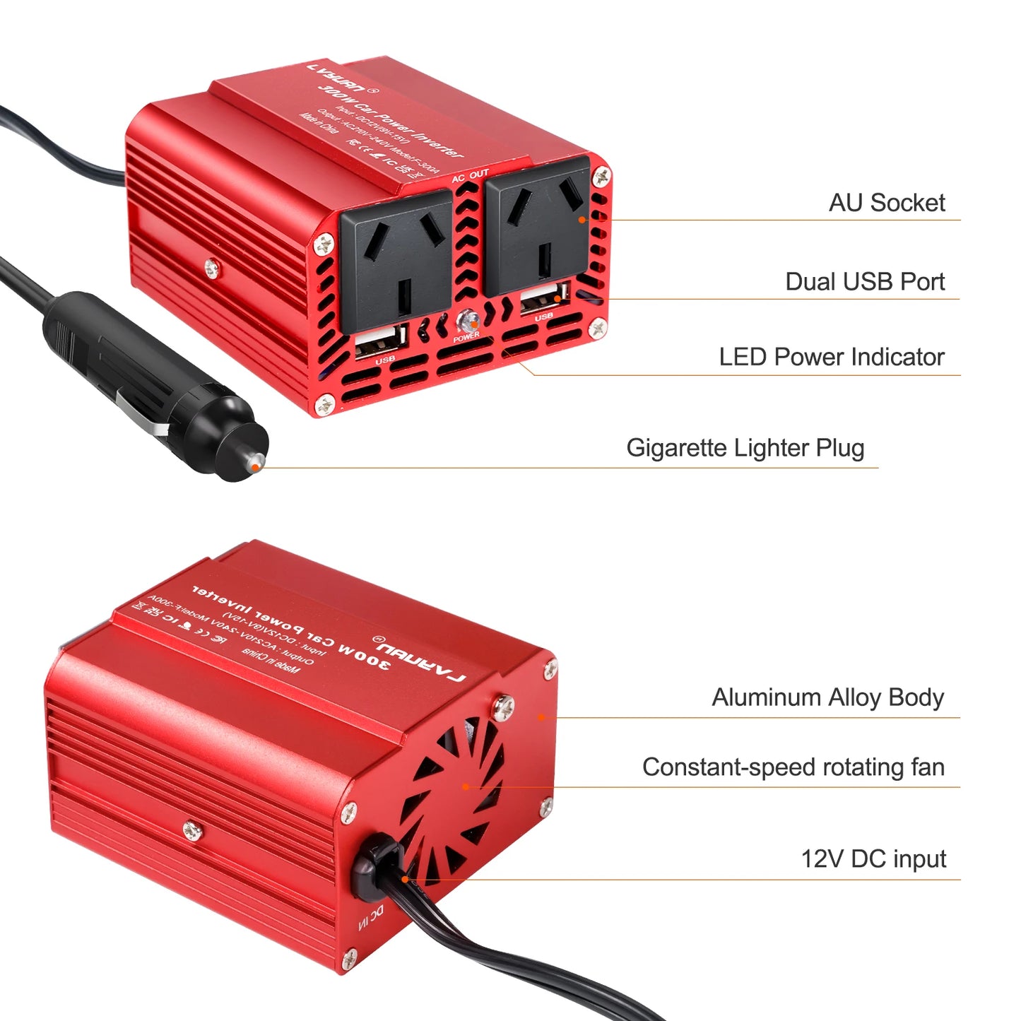 Car Inverter 300W 200W Portable 12V 220V 240V converter For Car Cigarette Lighters Fast Charging USB Output for Phone/PC/Camera