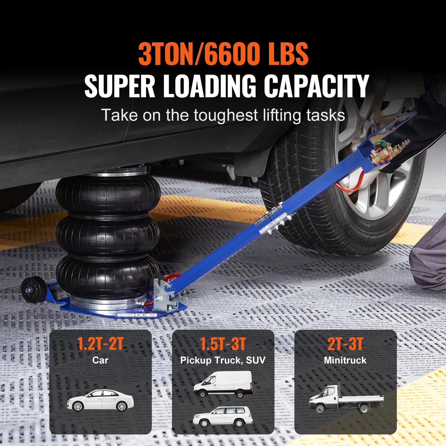 SucceBuy Pneumatic Jack 3 Ton/5 Ton Triple Bag Air Jack Quick Lift Heavy Duty Car Repair Jacks Folding Rod Jacks with Two Wheel