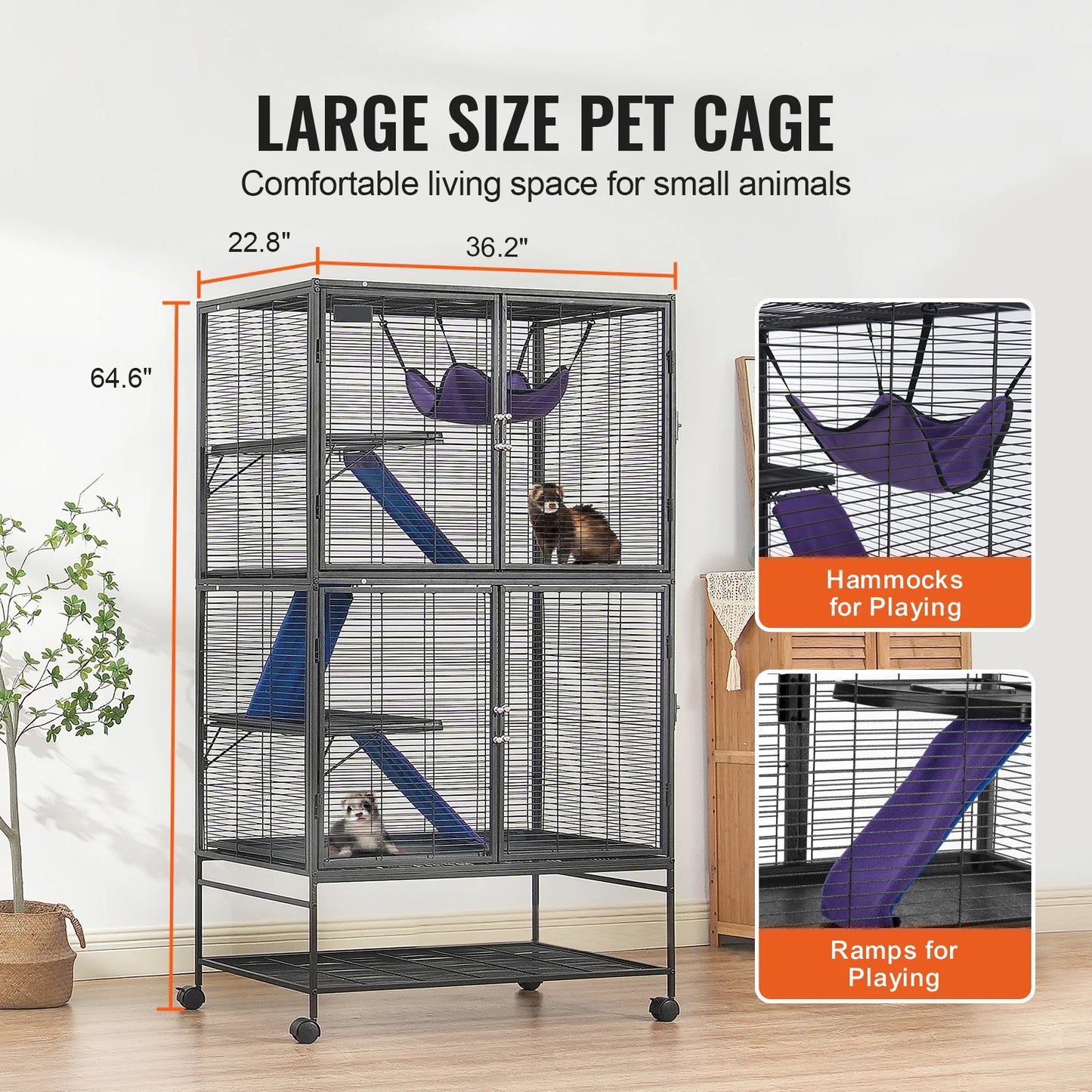 SucceBuy 64.6" Rolling Metal Ferret Cage Large 4-Tier Critter Nation Cage Small Animal Cage for Hamster Rats Guinea Chinchilla