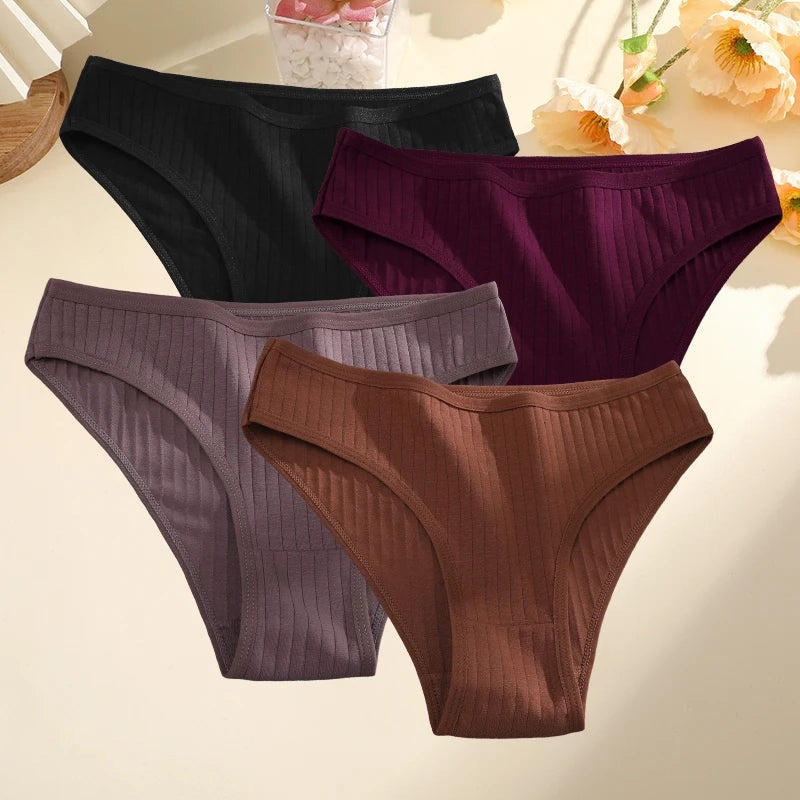 4PCS/SET Women's Cotton Panties Sexy Soft Striped Underpants 12 Solid Color Briefs Female Comfortable Stretch Lingerie M-XL