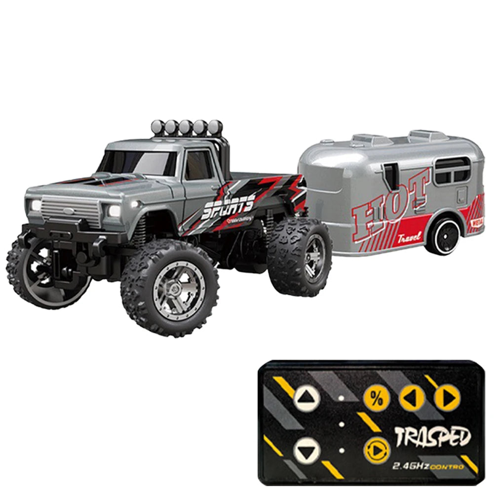 Mini Off-Road Climbing Car with Lights & Trailer All Terrain Off-Road Truck Toy 1:64 Scale 2.4Ghz Remote Control for Kids Gifts