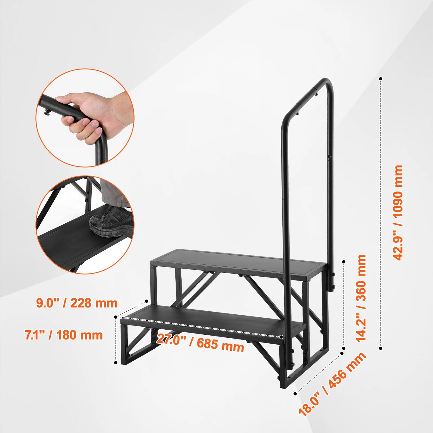 SucceBuy RV Steps 2-Step RV Stairs 440LBS Load Capacity Thickened Carbon Steel With Handrail Non-Slip Steps for Safe Entry Exit