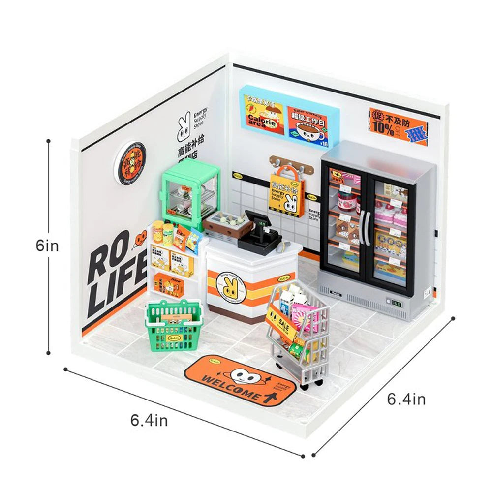 Robotime Rolife Super Creat Plastic DIY Miniature House Cafe Energy Supply Store Funny Toys Building Block Sets for Kids DW003