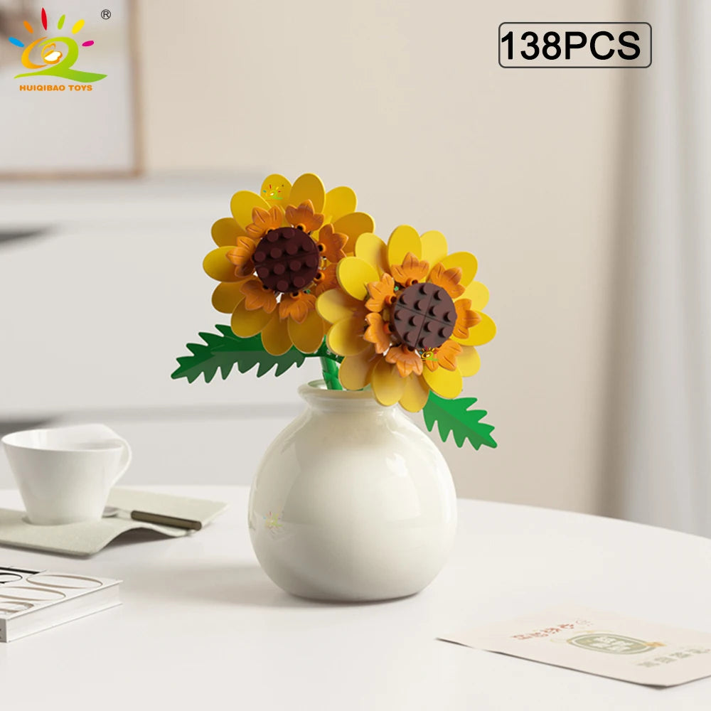 HUIQIBAO MOC Flower with Vase Model Building Block DIY Eternal Bouquet Home Desk Desk Plant Decor Brick Girl Gift Children Toy