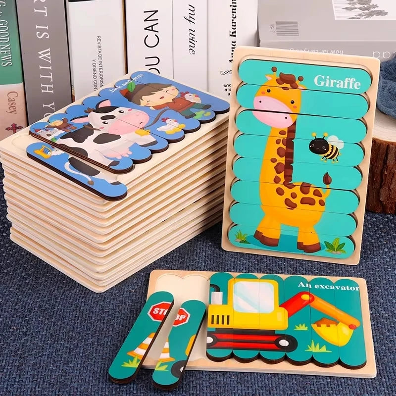 Montessori Baby Wooden Puzzle Toys Kids Educational Game 3D Cartoon Animal Jigsaw Puzzle Toys Activity Board for Child 2 3 Years