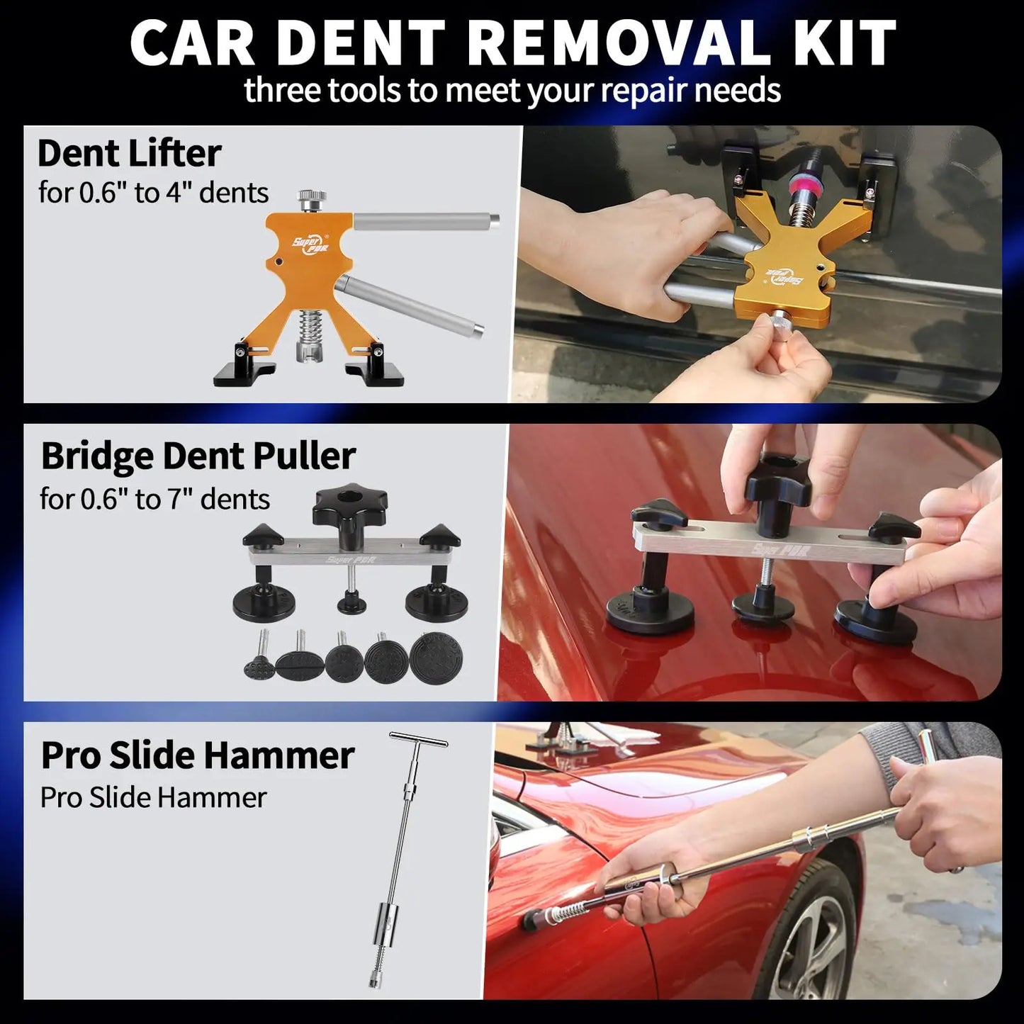 Super PDR Kit Dent Removal Tool Car Dent Repair Tools Kit Car Dent Repair Paintless Dent Removal Tools Repair Dent Car Dent Pull