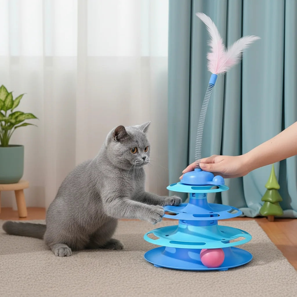 Three-layer Rotating Tower with Ball Pattern Feather Cat Toy Indoor Cat Interactive Fun&Christmas New Year Pet Toys