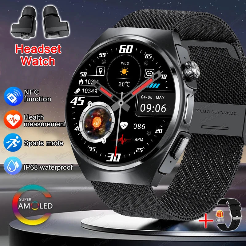 2026 New Man Smart Watch TWS Headset Two In One Wireless Bluetooth Dual Earbuds Call Health Monitor Sport Tracker NFC Smartwatch