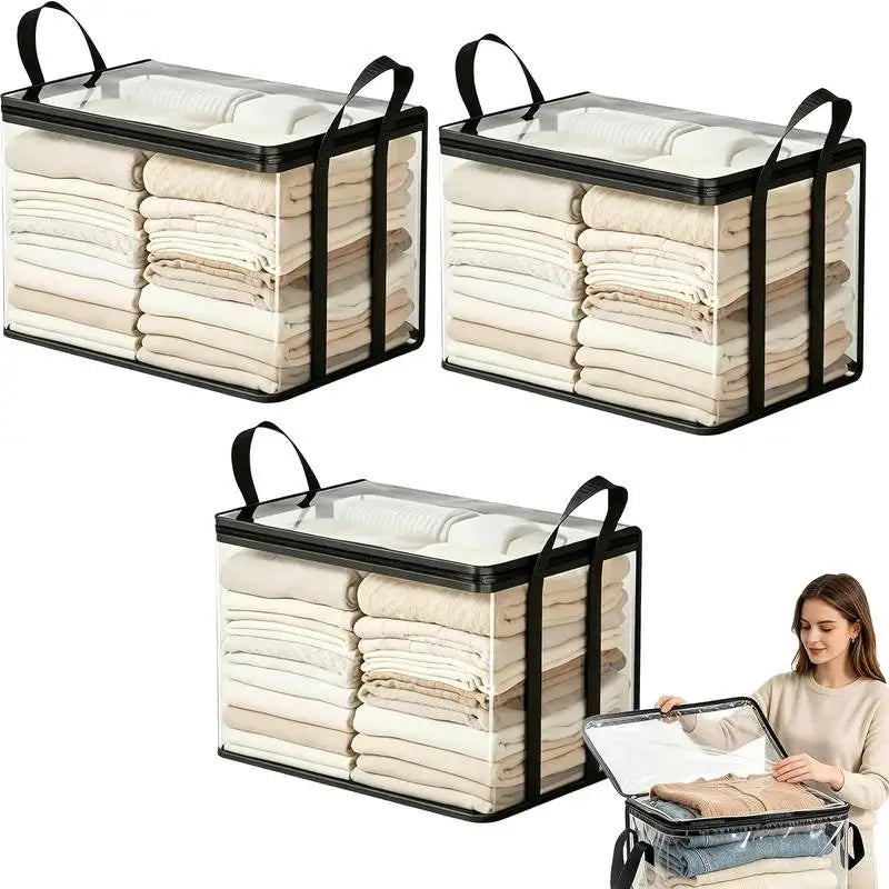 Foldable Storage Bins 3 Pack Large Clear Heavy Duty Boxes with Lids Collapsible Clothes Blanket Organizer for Closet Bedroom