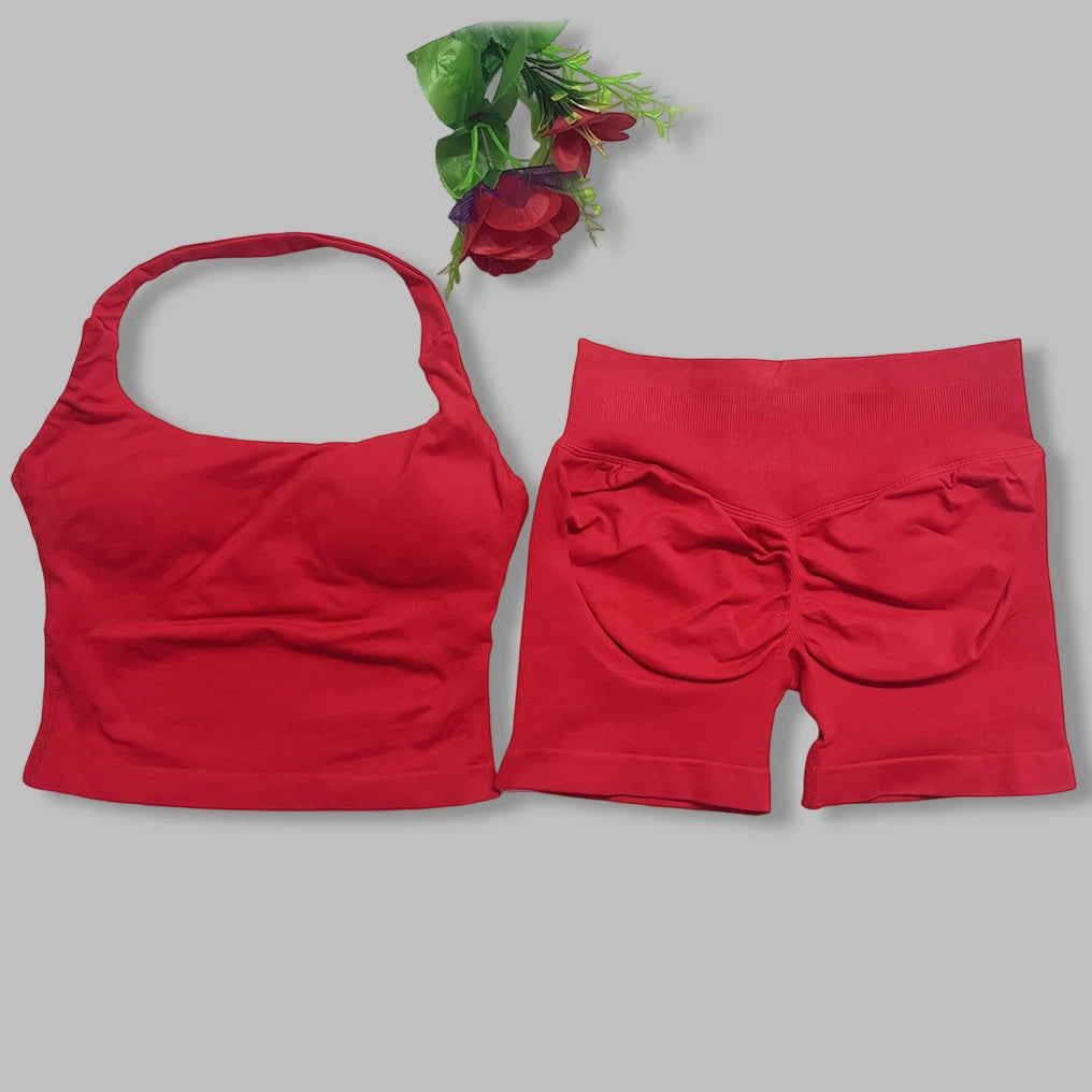 yoga outfits Women 2 pcs Sports DF Impact Set halterneck Backless Halter Top Seamless Scrunch Shorts Gym Workout Sports Suits