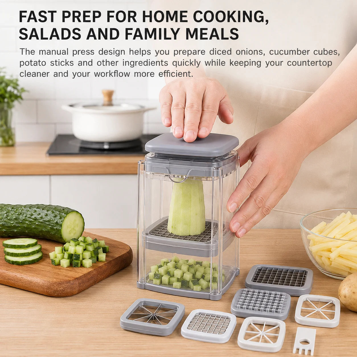 Multifunctional Vegetable Chopper Potato Chipper With 4 Blades Press Down Onion Cutter For Fast Salad Cooking Preparation