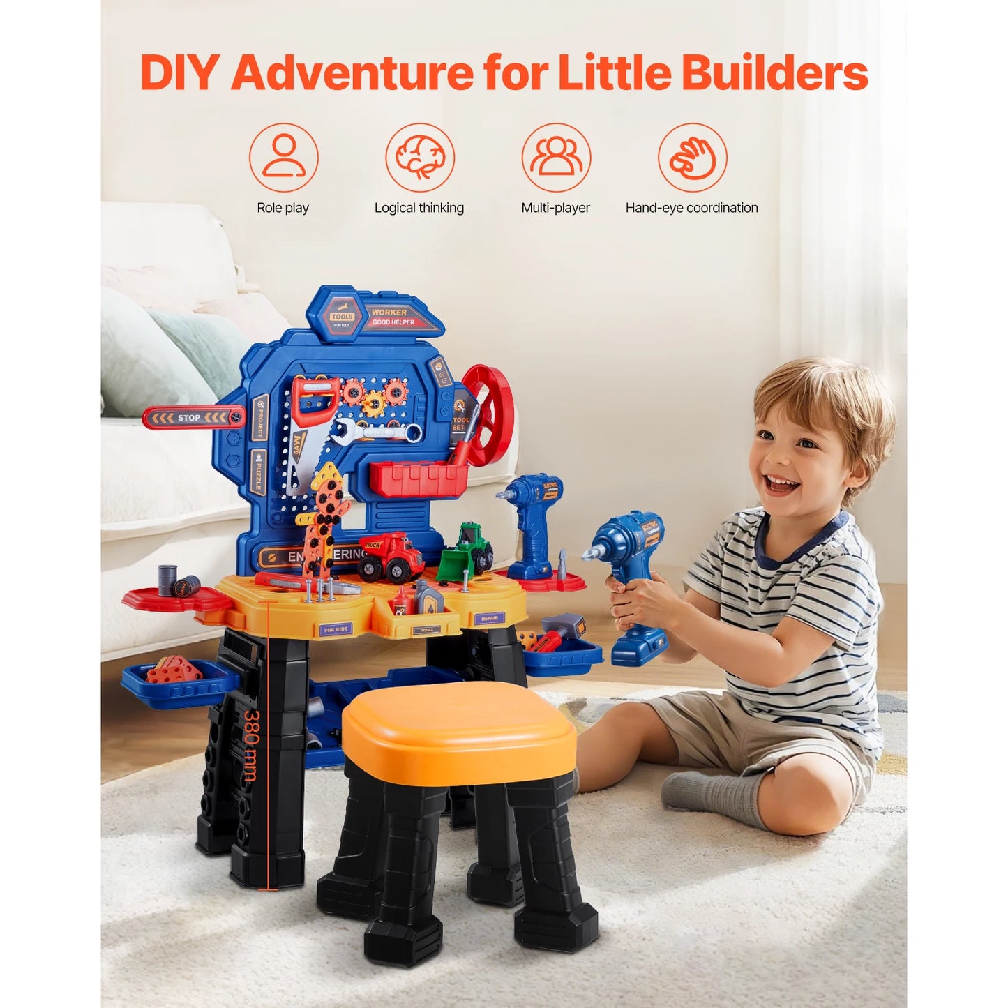 SucceBuy 181 pcs Kids Tool Bench Realistic Transformable Tool Set with Toddler Bench Pretend Play Learning Gift for Children Toy