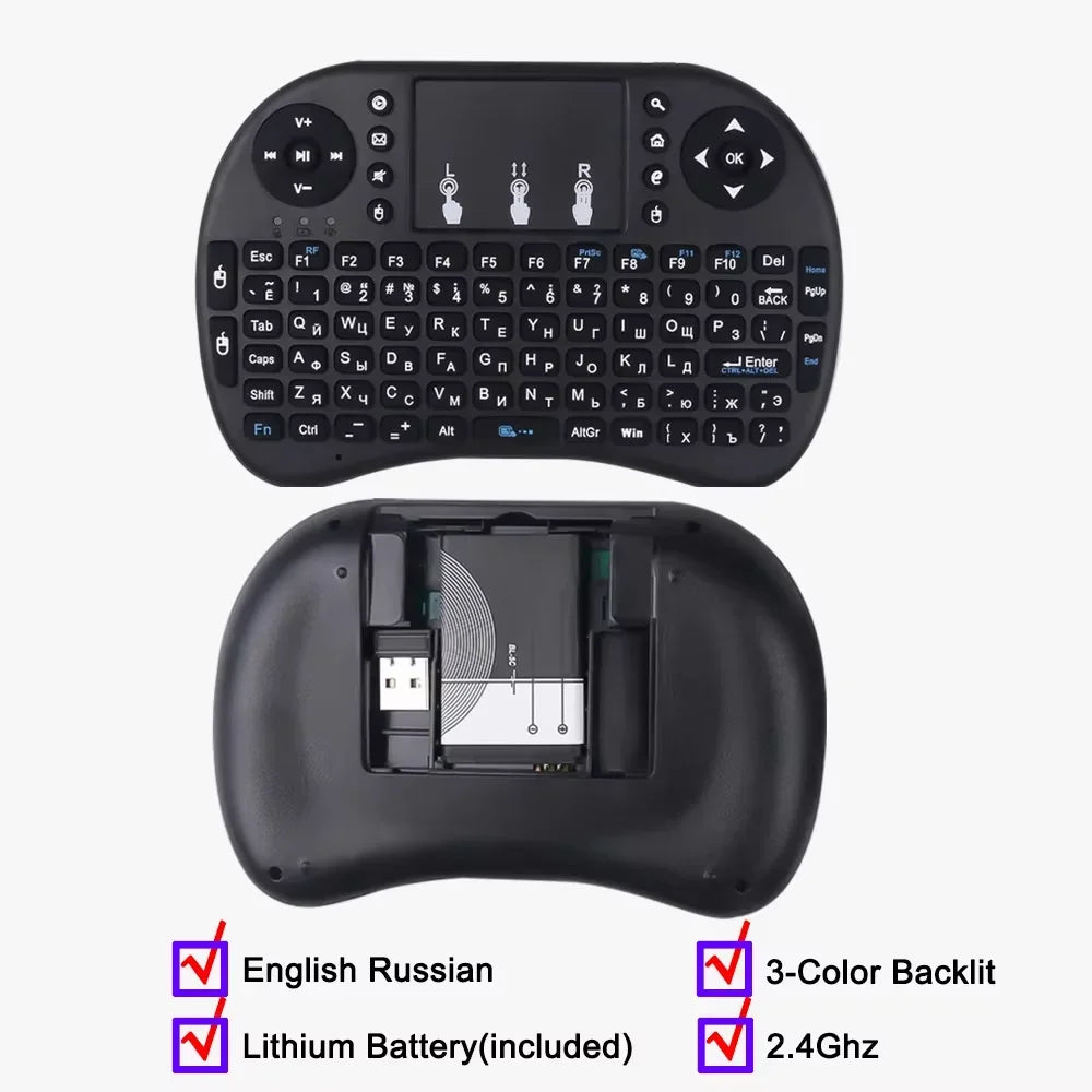 KEBIDUMEI Mini Wireless Keyboard with Scroll Wheel Touchpad  8 Color Backlit BT 2.4G Dual Mode Air Mouse Remote for PC TV Box