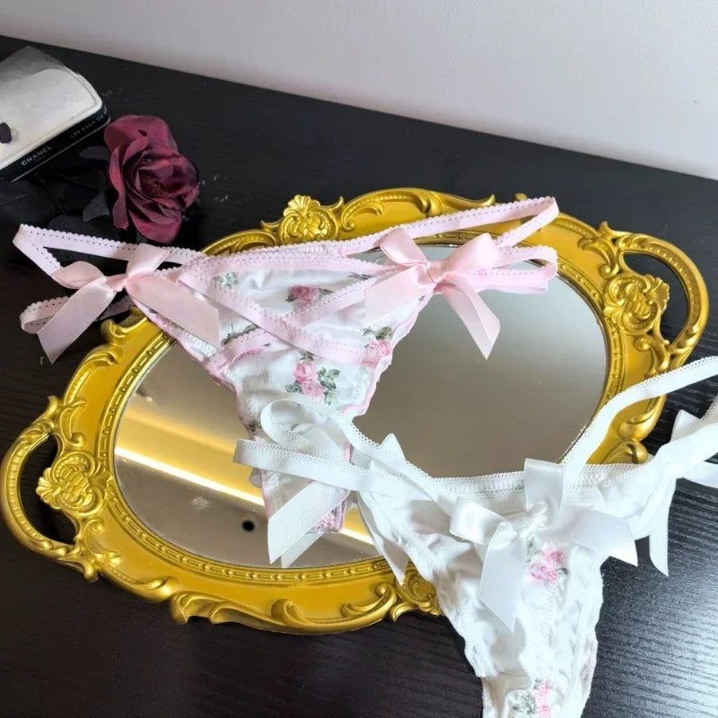 Ruffled Lovely Sweet Thong Briefs women Smooth Satin Panties Floral Printed T-back Underwear Bow Cross Strap Low Rise Underpants